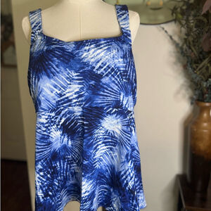 Lands' End Deep Sea Navy Tie Dye Palm Flutter Tankini